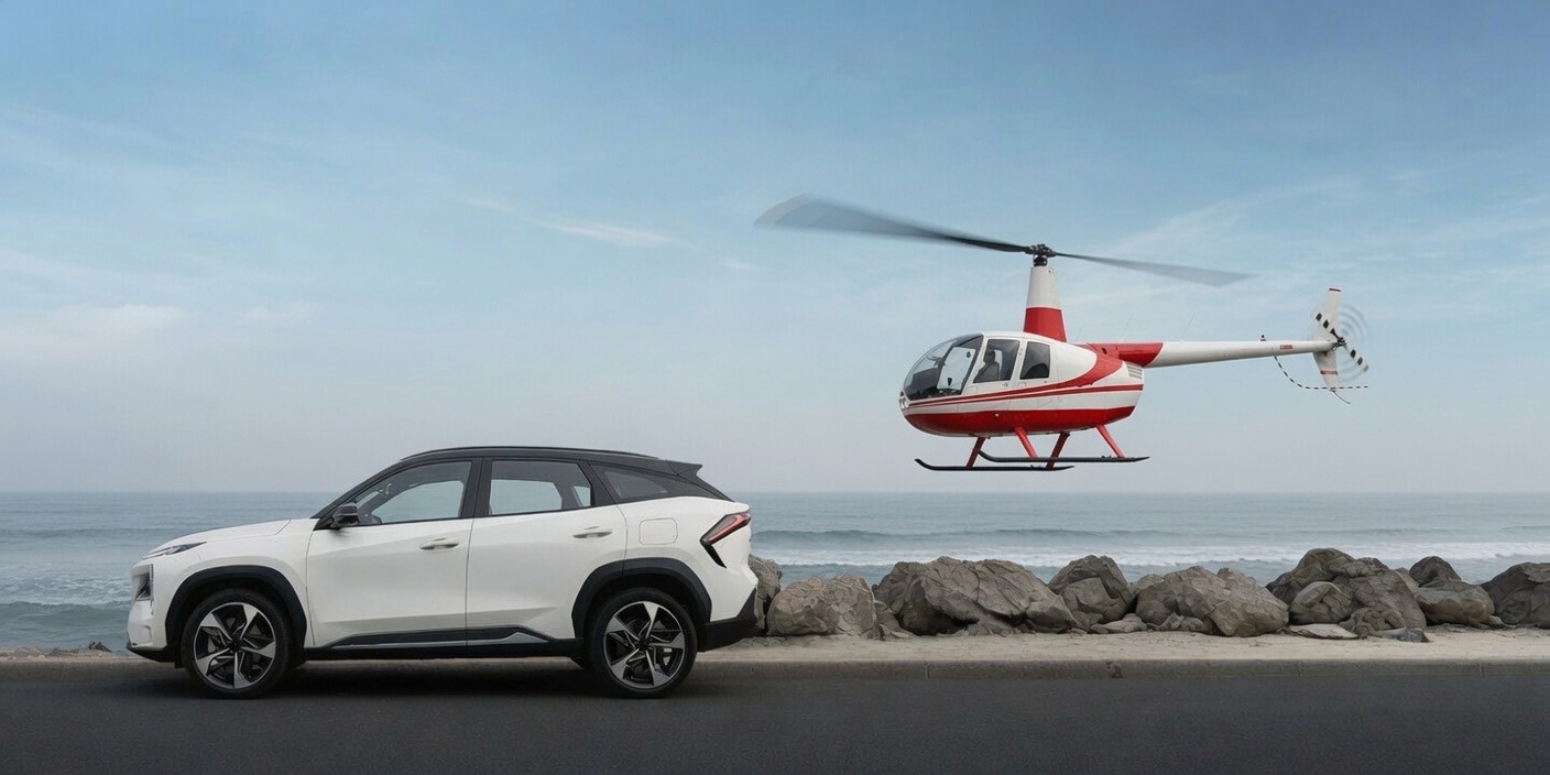 Geely és helikopter a tengerparton